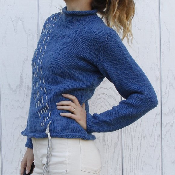 Vintage Mock Turtleneck Wool Sweater with Iridescent Leather Accent - Picture 6 of 12